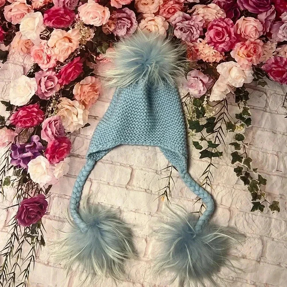 Knitted kids hat with fur pom poms for ages 2-4 - Picture 2 of 5